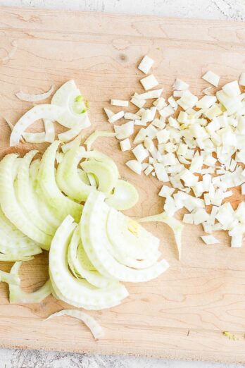 Cut fennel on cutting board - slices and dices.