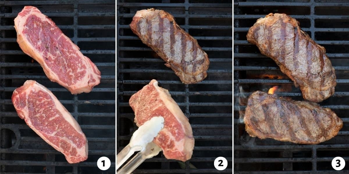 3 image collage of two steaks cooking on grill, being flipped with tongs and showing grill marks.