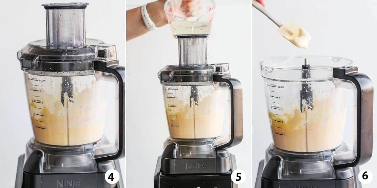 3 image collage showing steps 4 through 6 of 6 steps making mayonnaise in blender.