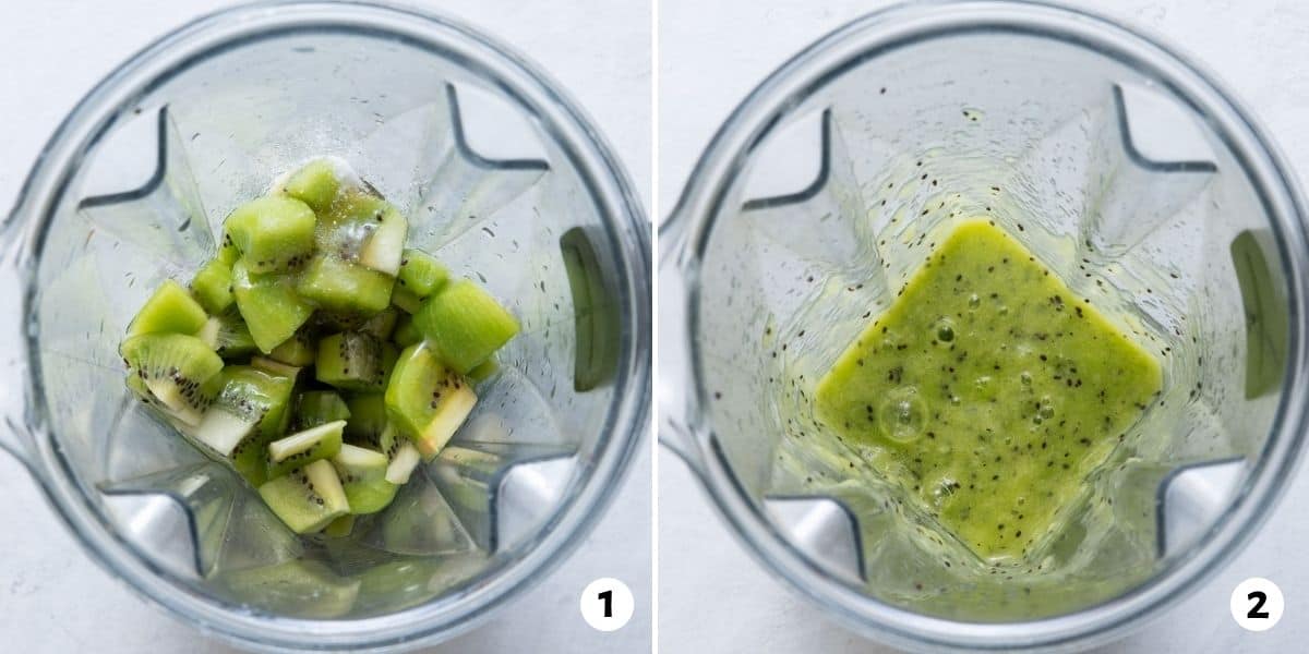 2 image collage of kiwis in blender before blending and after blending.
