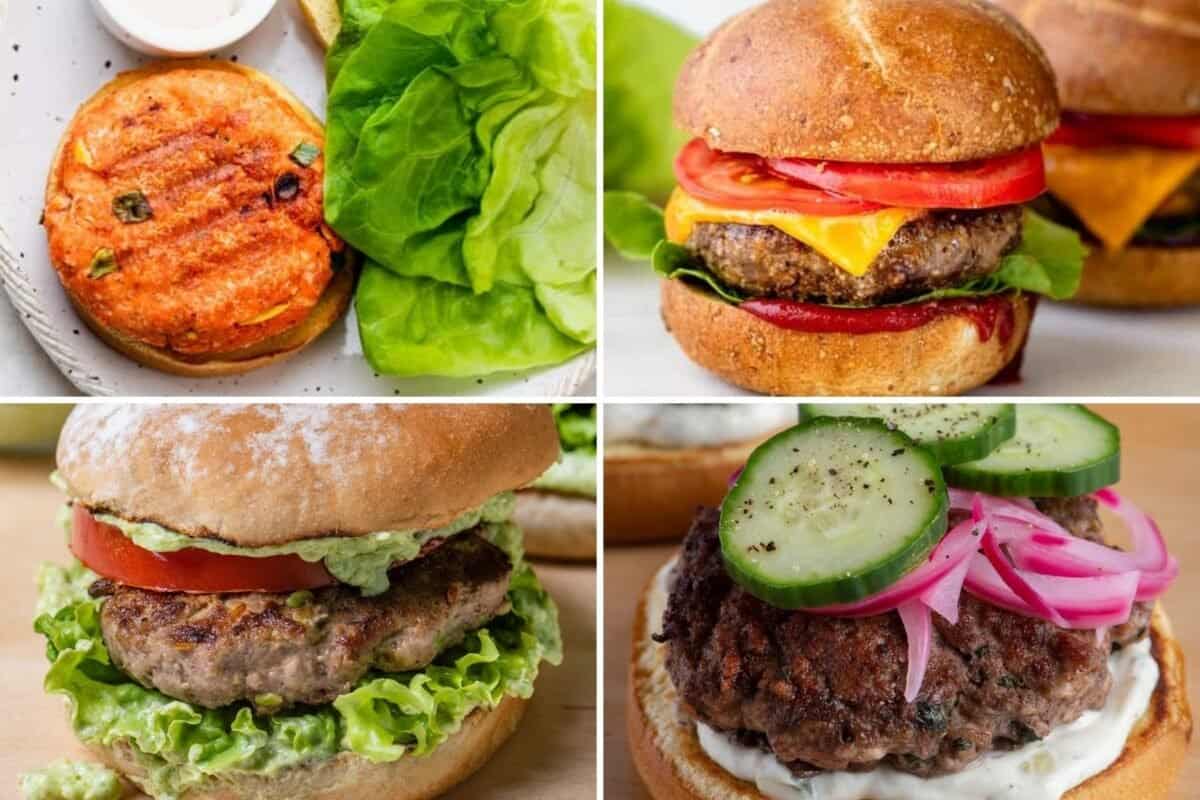 4 image collage of different style burgers to grill.