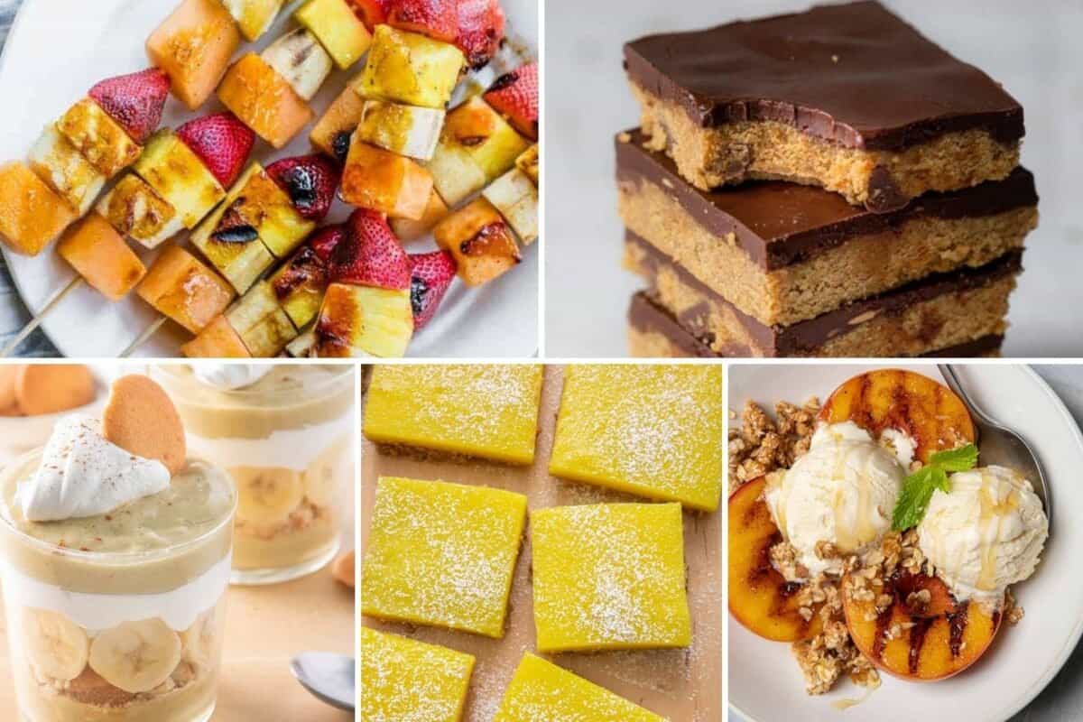 5 image collage of different desserts: grilled fruit kabobs, no bake cookie dough bars, banana pudding, lemon bars, and grilled peaches with ice cream.