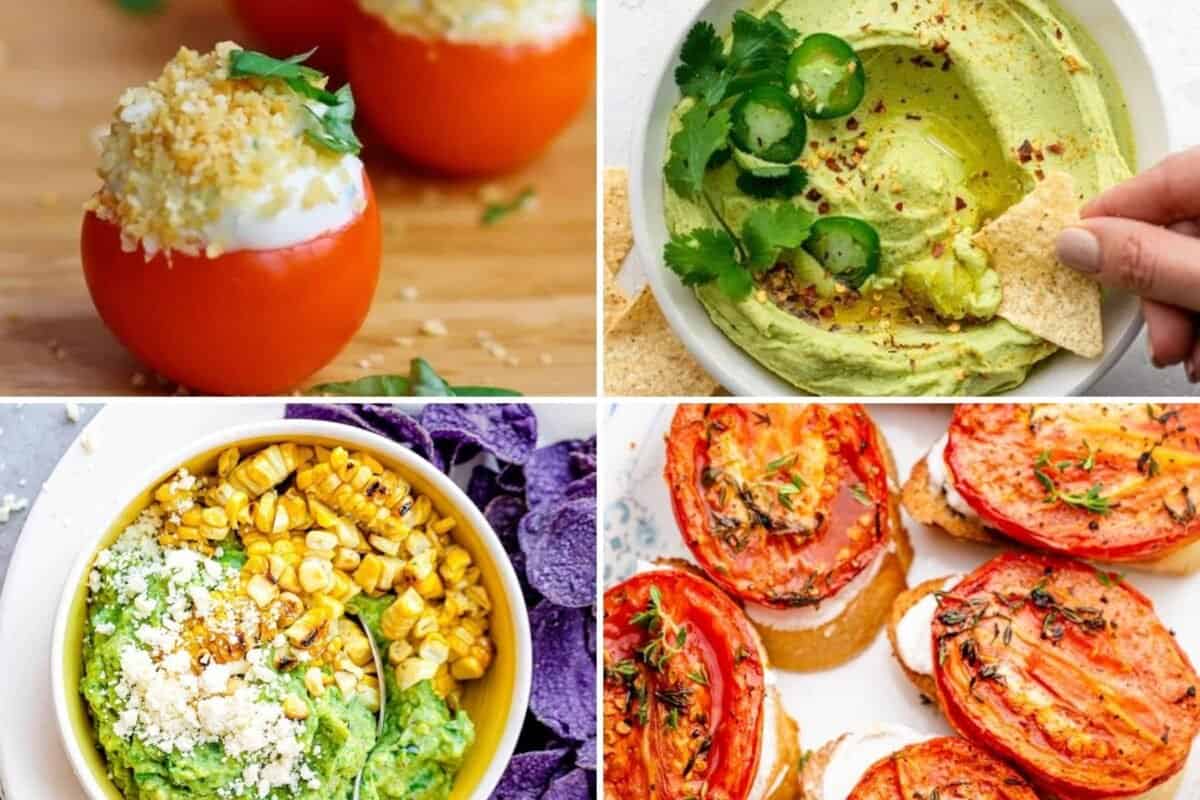 4 image collage of appetizers with stuffed goat cheese tomatoes, avocado dip, avocado with corn dip, and tomato crositinis.