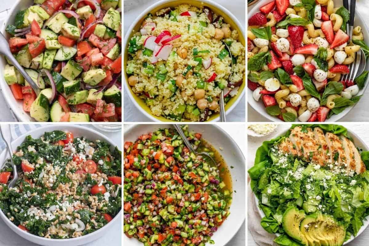 6 image collage of different summer salads.