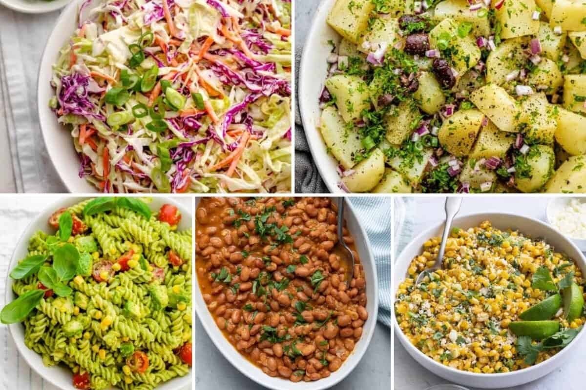 5 image collage of Memorial Day side dishes.