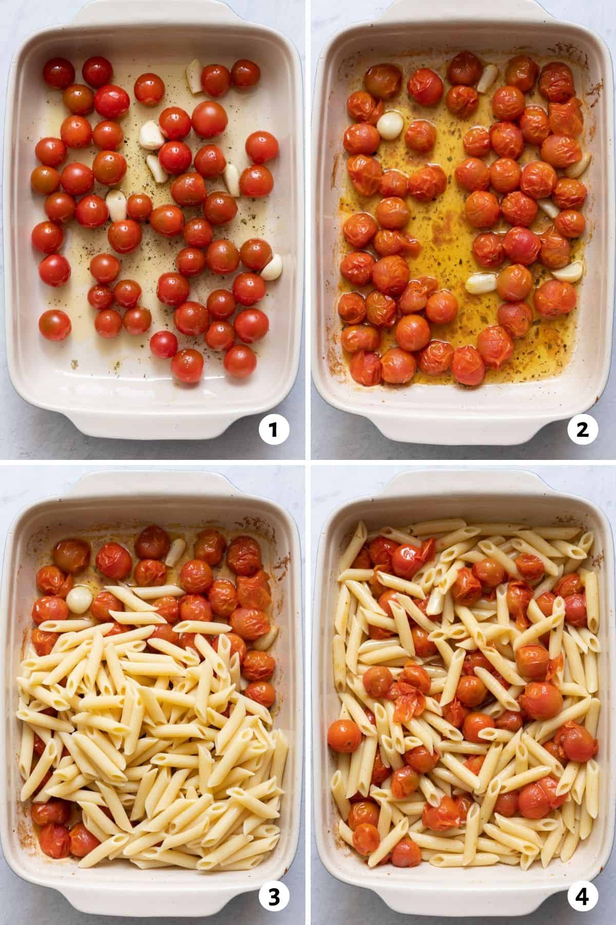 4 image collage on how to make recipe: 1 Tomatoes, garlic, olive oil, salt, pepper and thyme in baking dish before baking, 2 After baking, 3 Penne added on top, and 4 Penne tossed with the everything in the baking dish.
