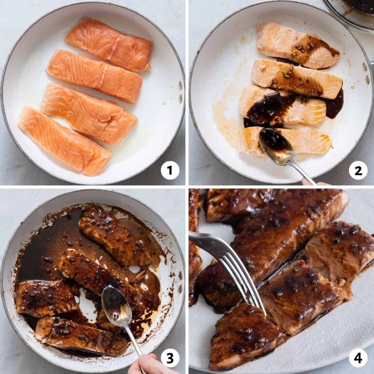 4 image collage cooking salmon with sauce in pan and close up of salmon after being cooked.
