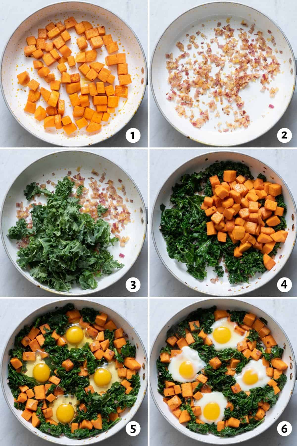 6 image collage on how to make recipe cooking each ingredients in one pan.