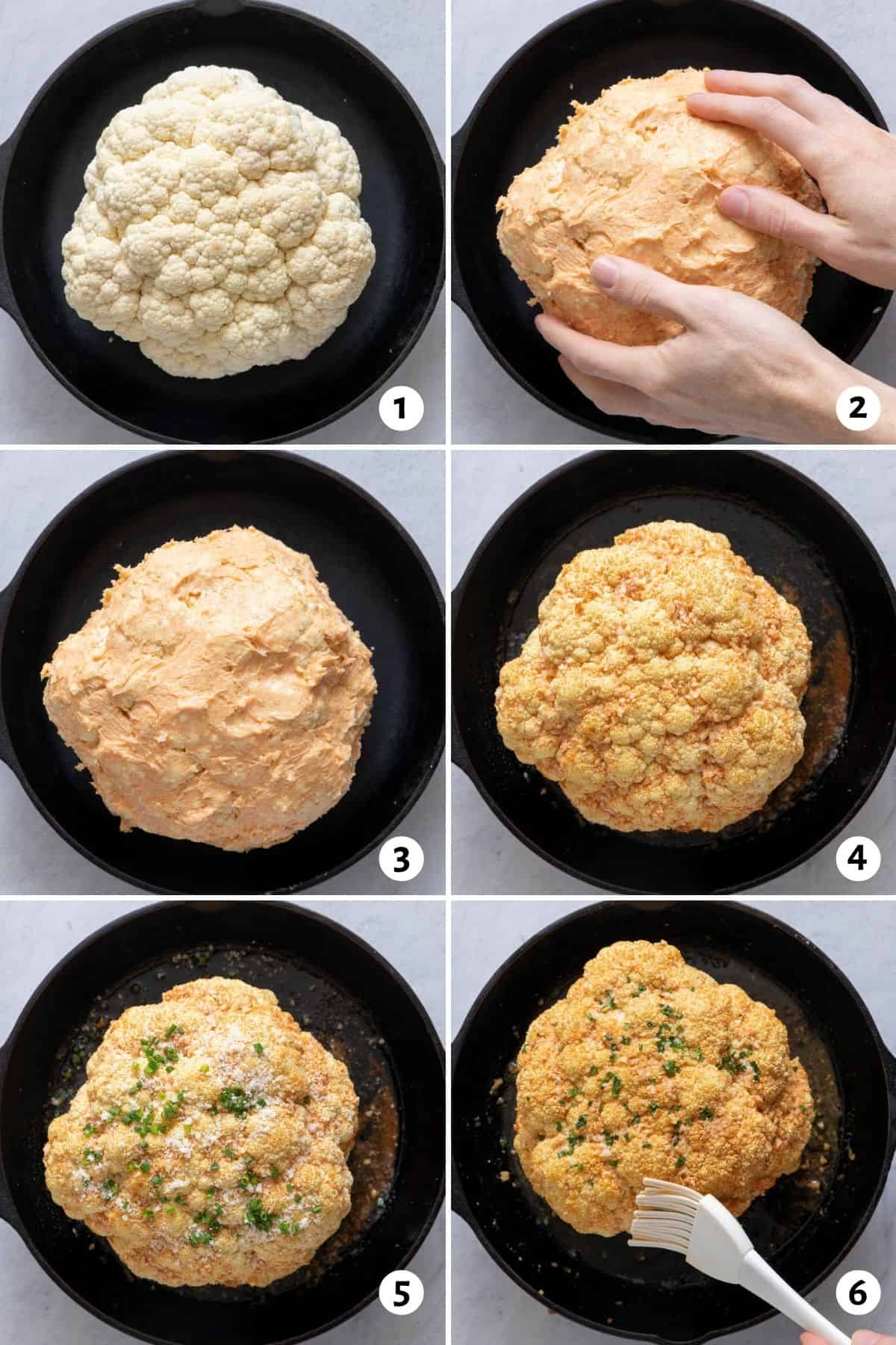 6 image collage showing how to roast whole cauliflower with seasoned butter coated on the outside in a cast iron pan.