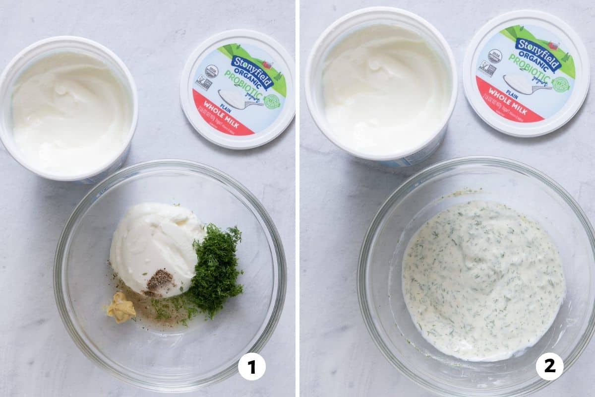 2 image collage of dressing ingredients with Stonyfield yogurt shown before and after being mixed.