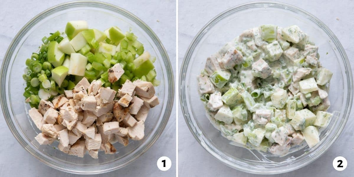 Ingredients for recipe shown before and after mixing together in large glass bowl.