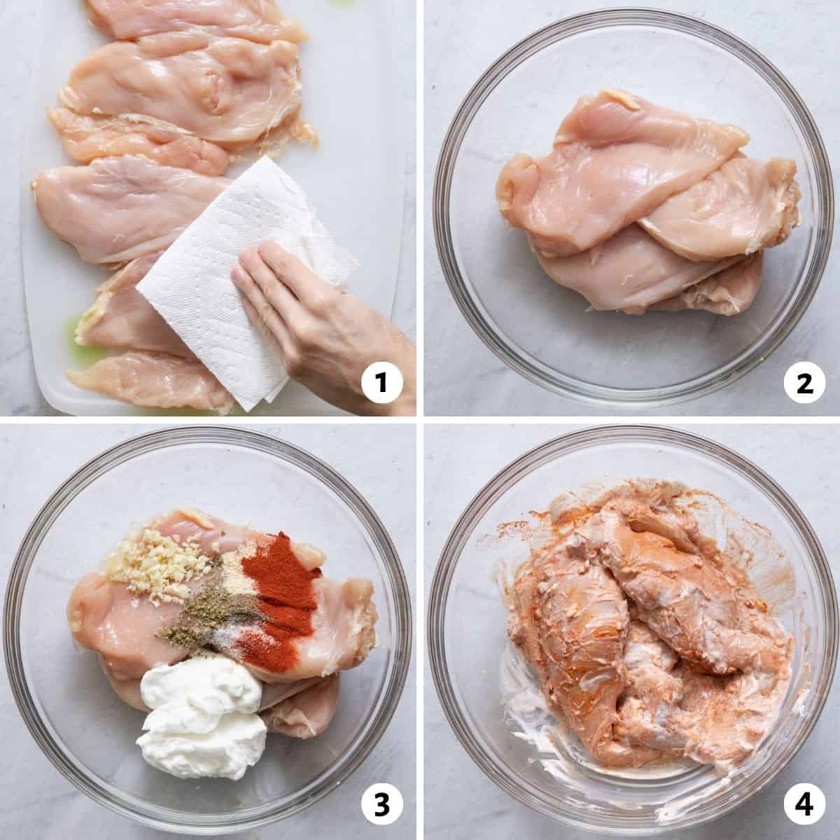 4 image collage on how to marinate chicken in yogurt and spices.