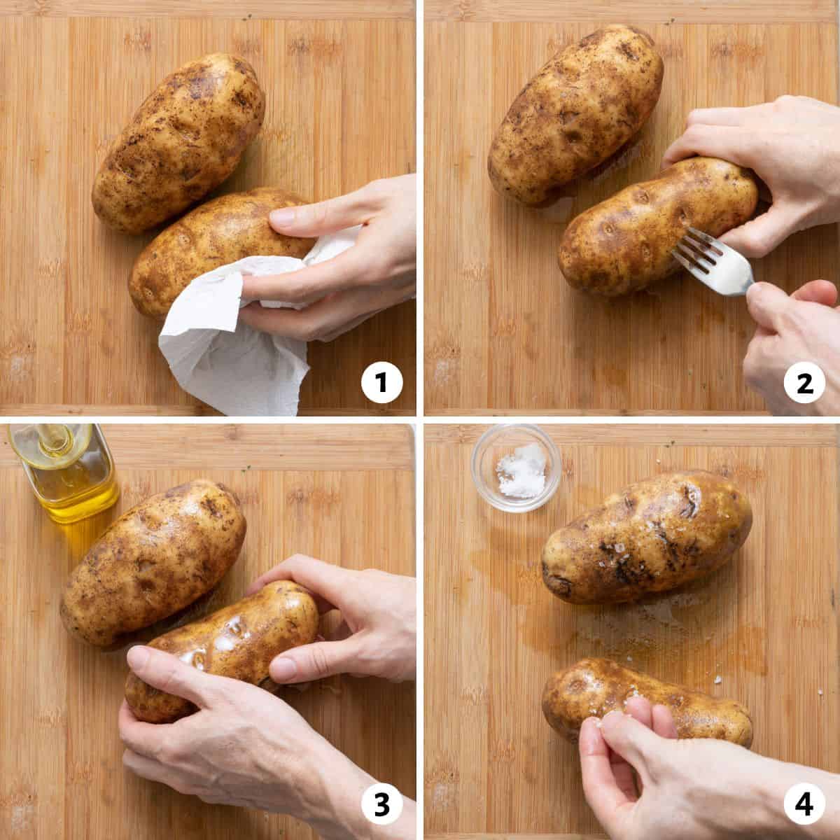 4 image collage preparing 2 potatoes to cook by drying with a paper towel, piercing with a fork, and covering with olive oil and seasoning.