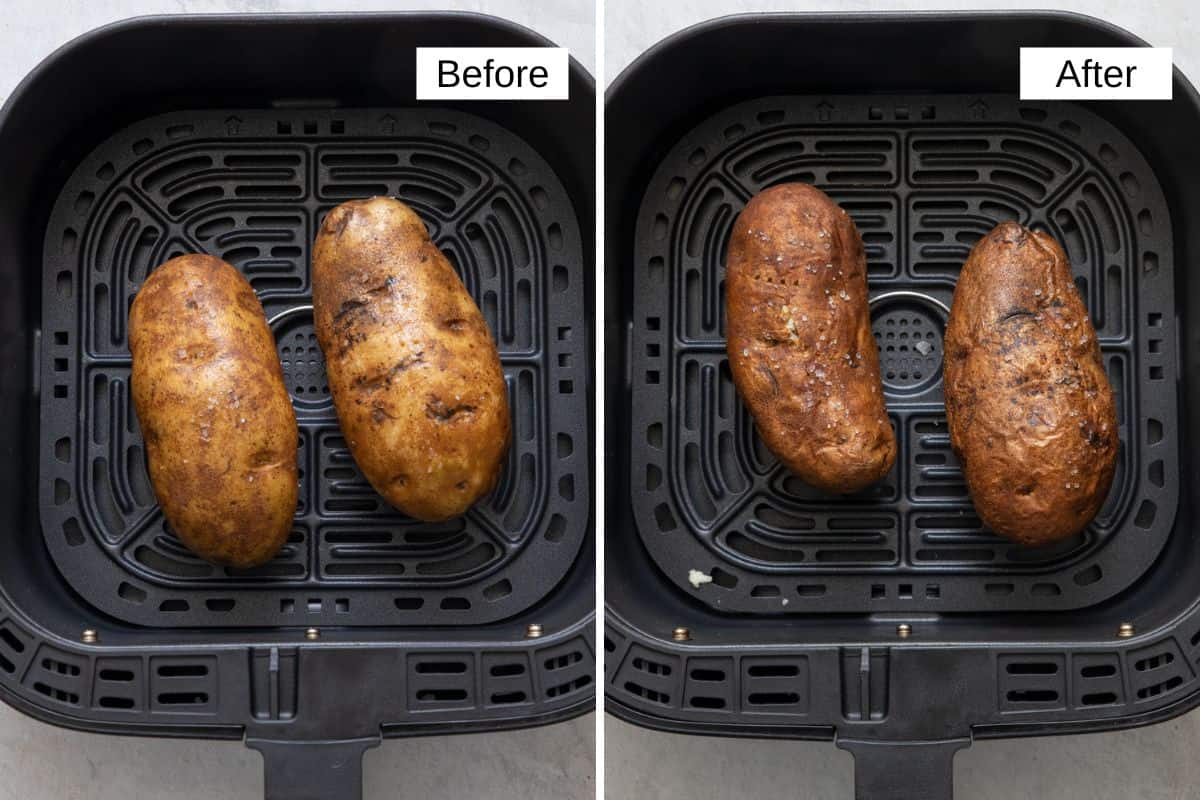 Before and after of 2 potatoes being cooked in an air fryer.