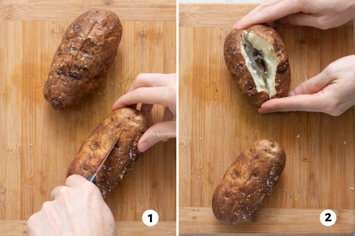2 image collage cutting a baked potato in half with a knife and then pinching the sides to open the potato.