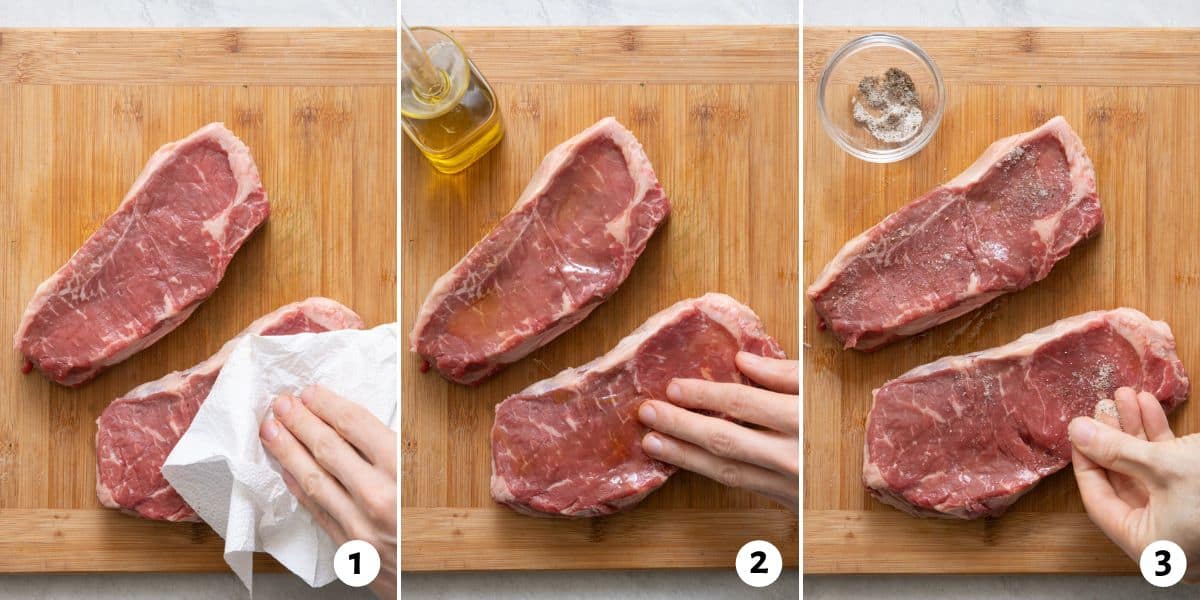 3 image collage preparing steak by patting dry with a paper towel, rubbing with olive oil, and then a hand seasoning steaks with salt and pepper.