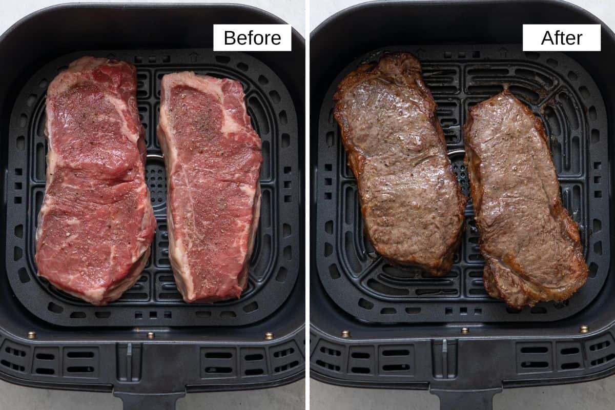 Collage showing two steaks in an air fryer before and after being cooked.