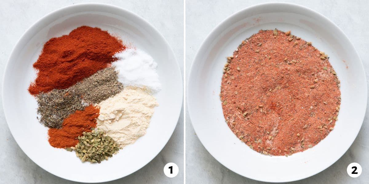 2 image collage showing spices before blended and after.
