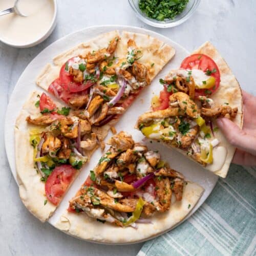 Chicken Shawarma Pita Pizza.