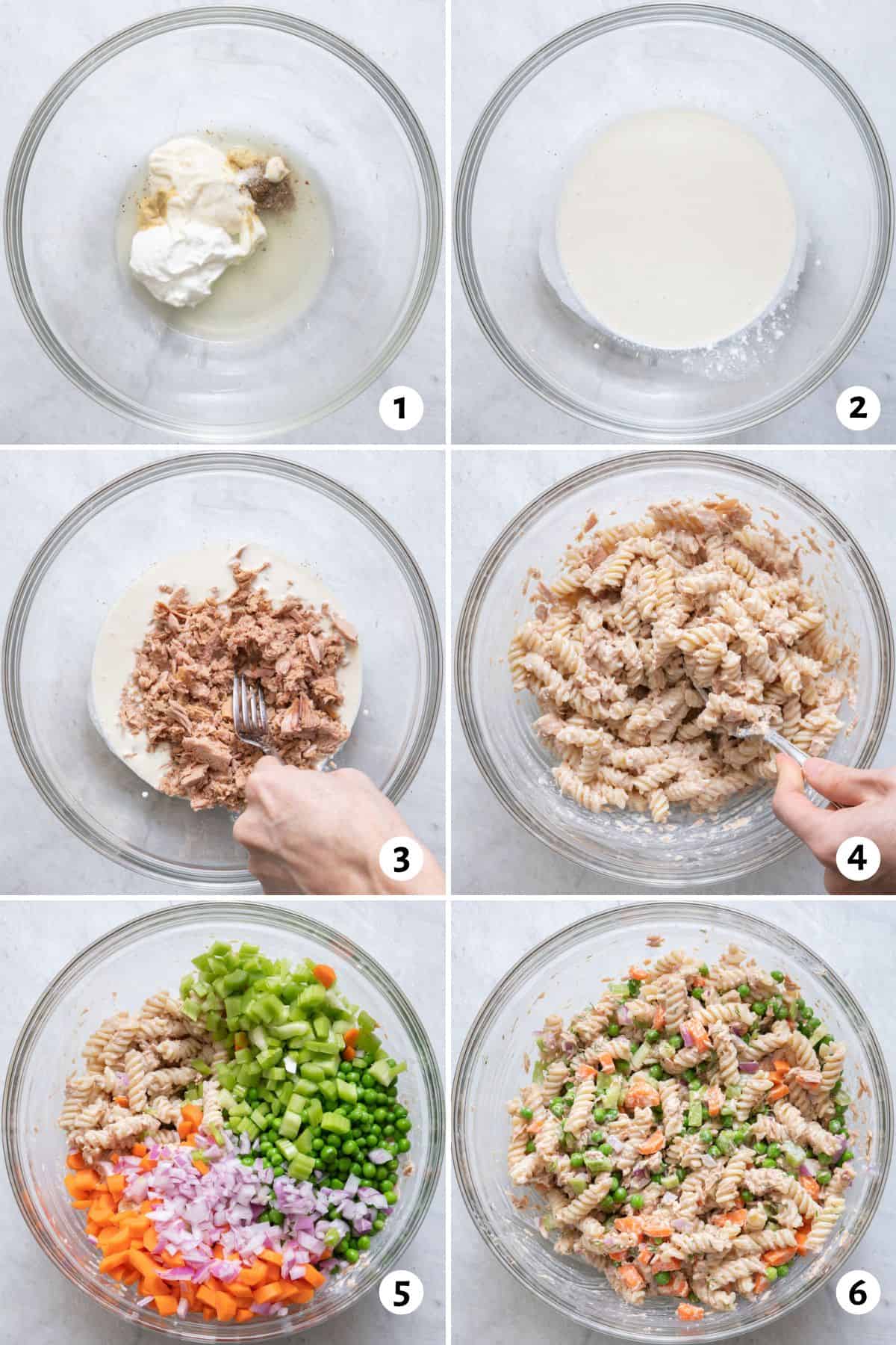 6 image collage mixing together recipe ingredients in one bowl.
