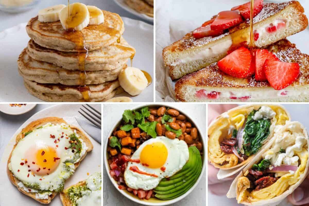 5 image collage featuring Father's Day breakfast ideas like banana pancakes, strawberry stuffed french toast, pesto egg on toast, breakast bowl with beans egg and avocado, and an egg wrap.