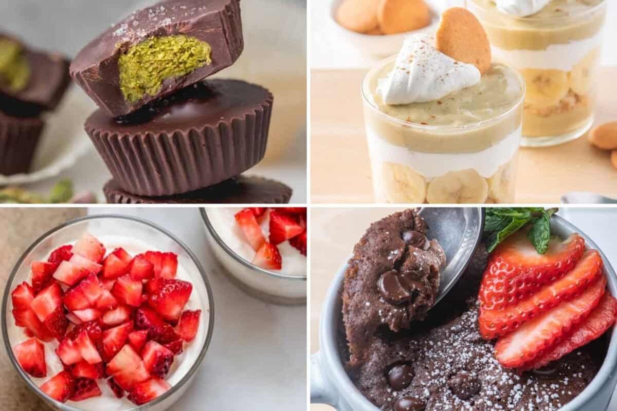 4 image collage of different desserts to make for Father's Day: Pistachio butter cups, banana pudding cup, no bake cheesecake, and cake in a mug.
