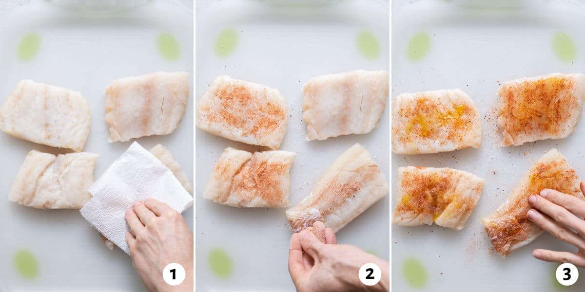 3 image collage seasoning 4 pieces of uncooked fish by patting dry with a paper towel, seasoning one side, then flipping and seasoning the other side.