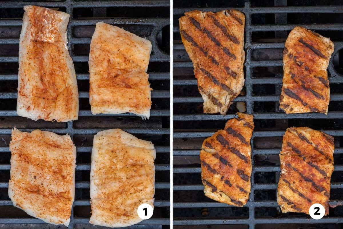 2 image collage of 4 seasoned cod filets on grill and then being flipped to show cooked fish with grill marks.