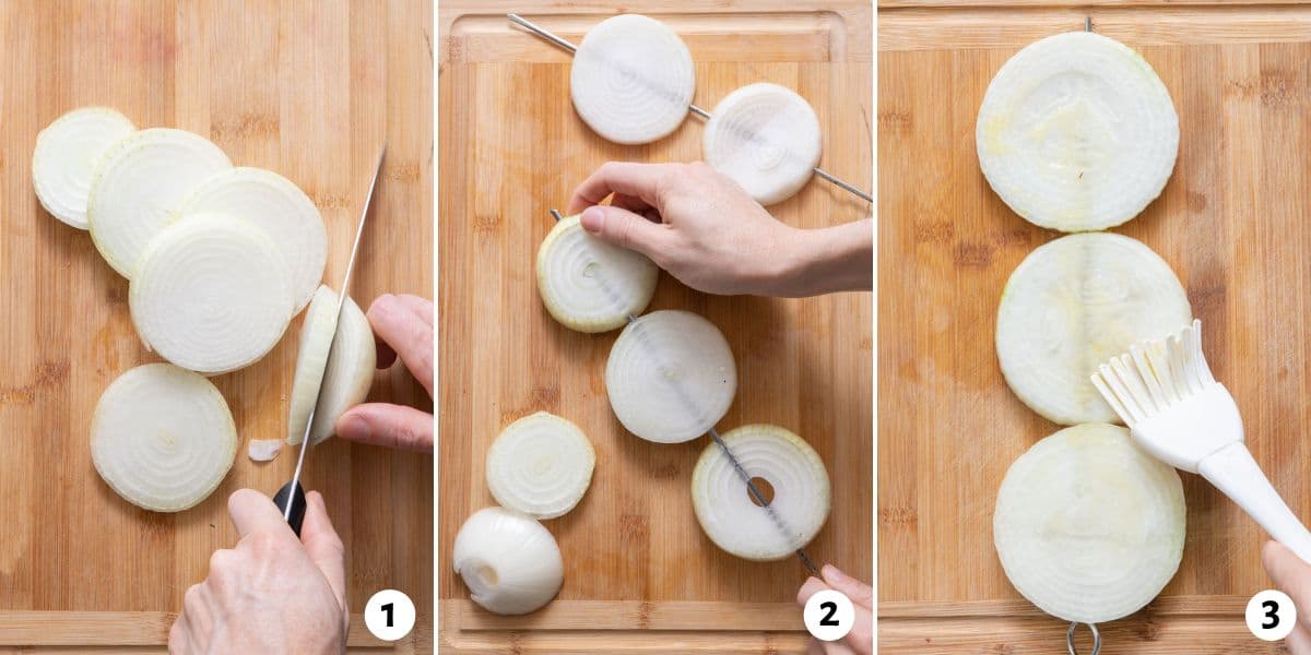 3 image collage preparing onions for grilling by cutting into rings and placing on skewers, and then brushing with oil.