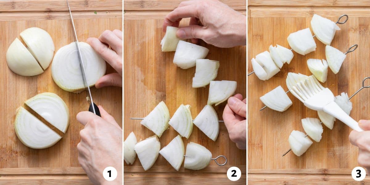 3 image collage preparing onions for grilling by cutting into chunks and placing on skewers, and then brushing with oil.
