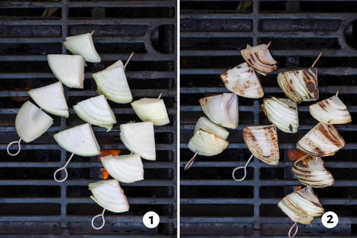 2 image collage showing onion chunks on skewers being grilled then flipped to show grill marks.
