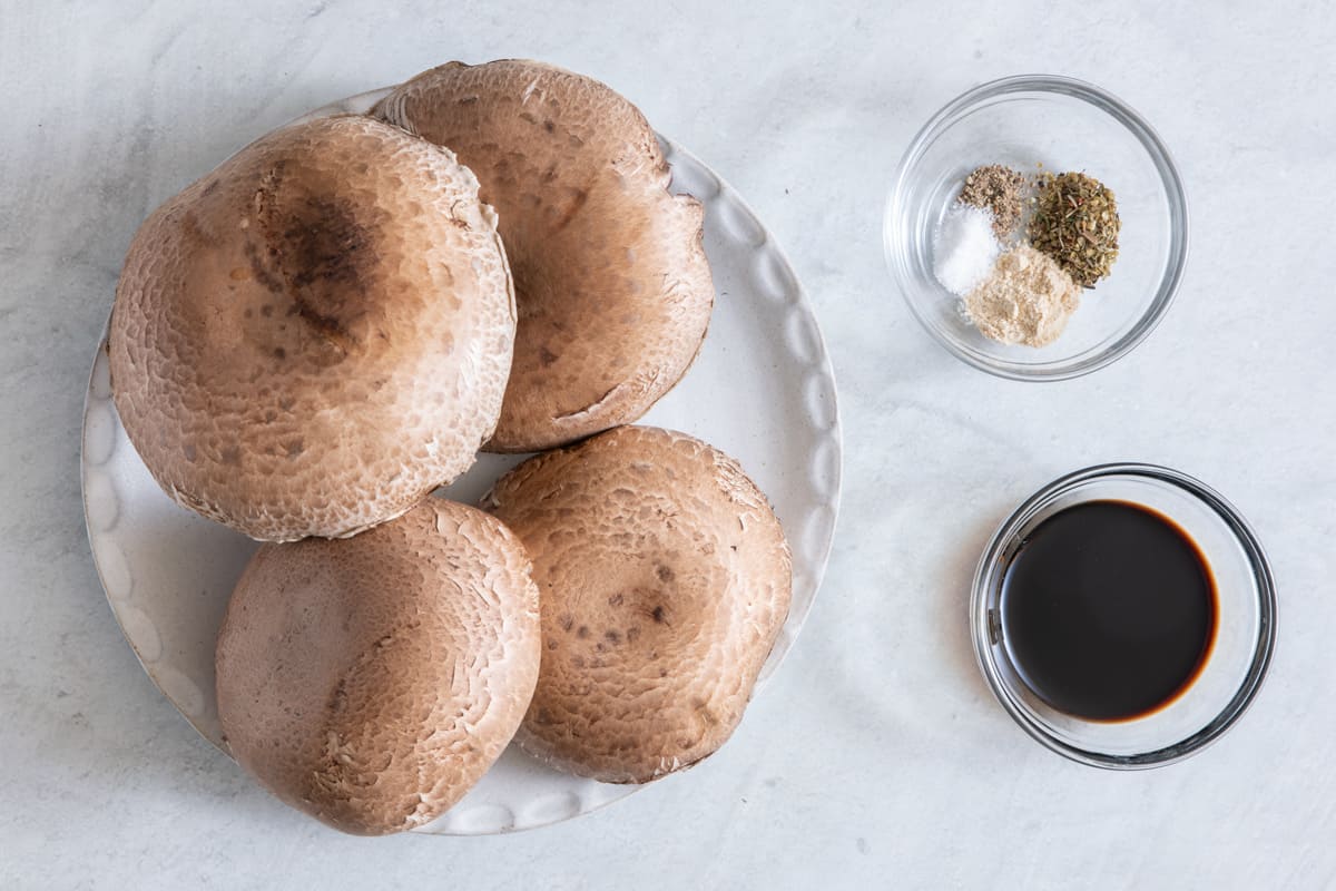 Ingredients for recipe: 4 portabella mushrooms, spices, and balsamic vinegar.