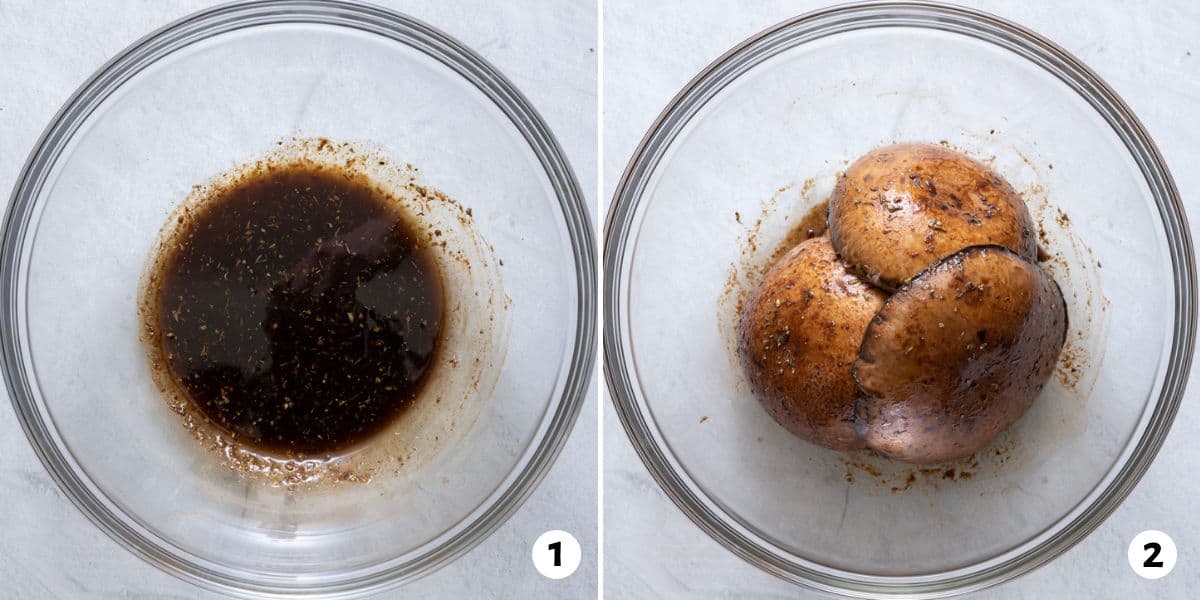 2 image collage showing marinade for mushrooms and then mushrooms tossed in marinade in a bowl.