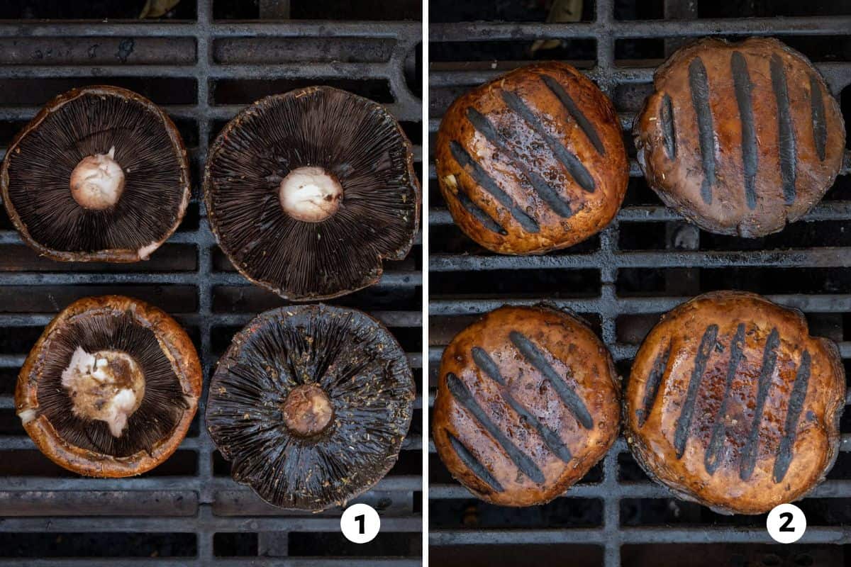 Mushrooms bottom up on grill and then flipped to show grill marks on the top of mushrooms.