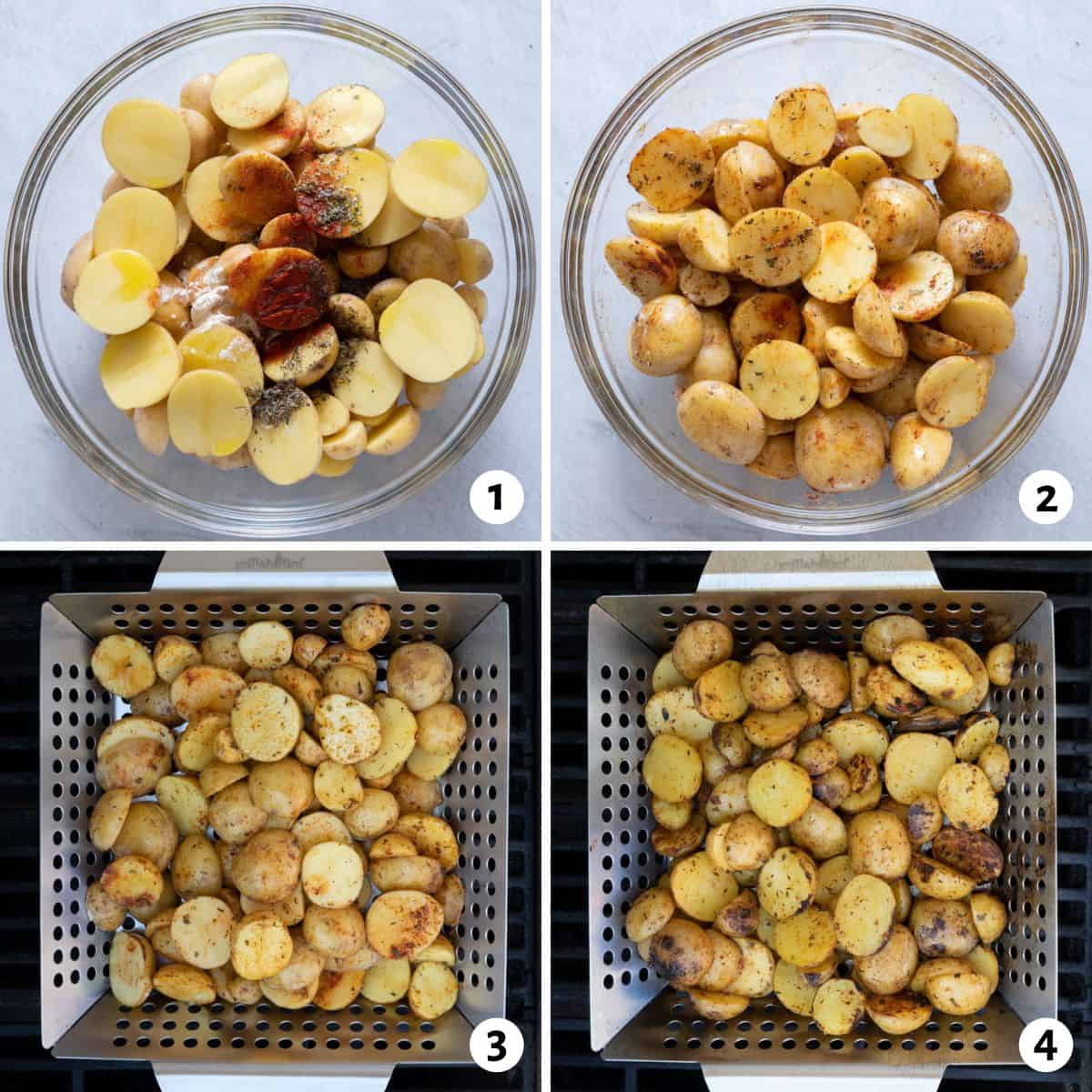 4 image collage showing baby potatoes cut in half in a bowl with seasonings, tossed with oil and seasonings, placed in a grill basket on the grill before and after cooked.