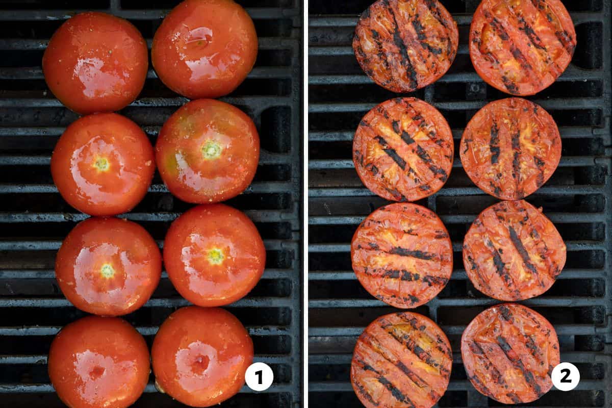 2 image collage of halved tomatoes face down on grill then flipped to show grill marks.