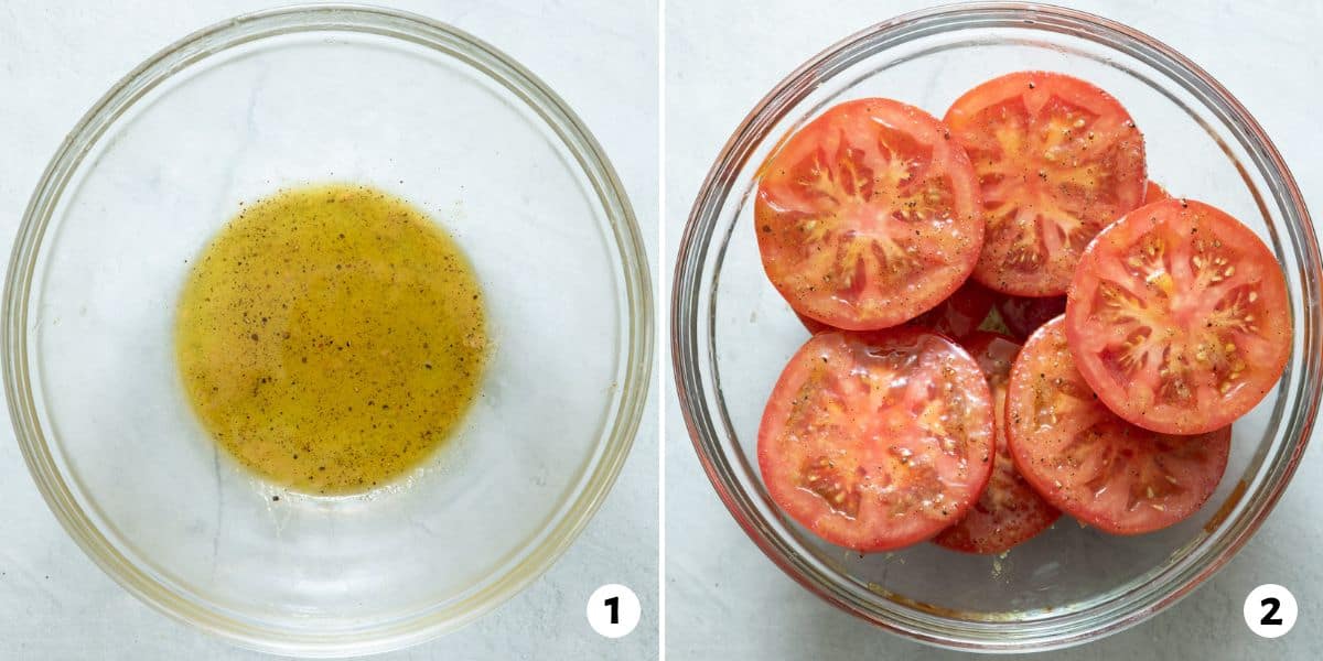 2 image collage of a bowl with oil and seasonings mixed together and then halved fresh cut tomatoes tossed in the oil.