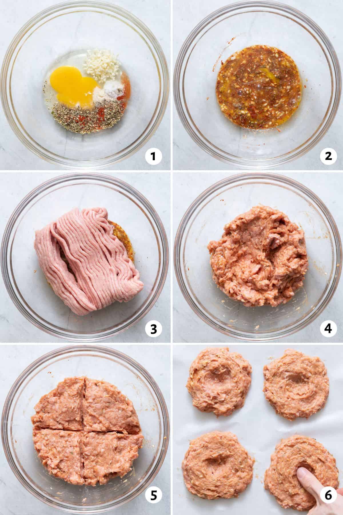 6 image collage mixing together seasoning and egg with ground turkey in a bowl, and then splitting into 4 burger patties.
