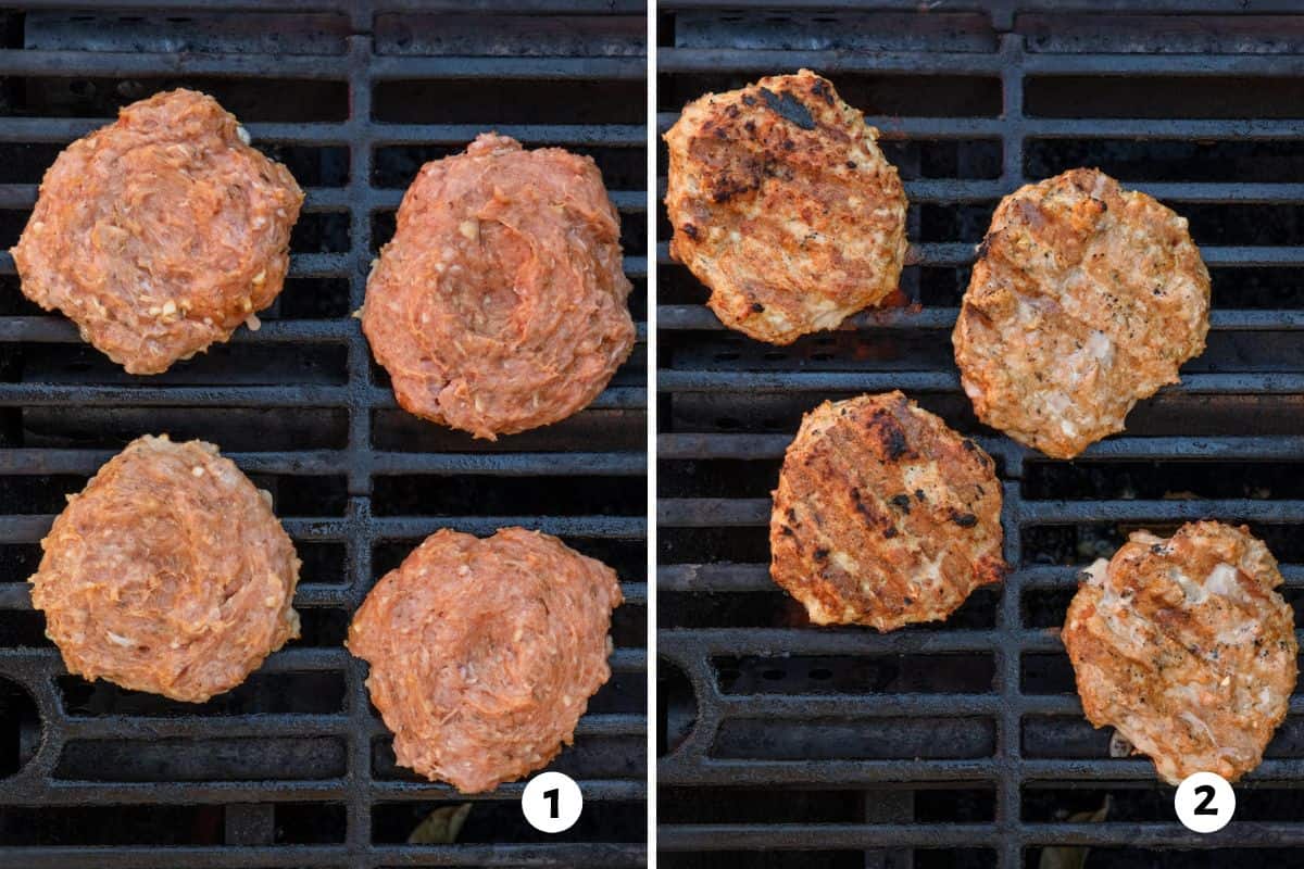Before and after collage of turkey patties on grill and then being flipped to show grill markis.