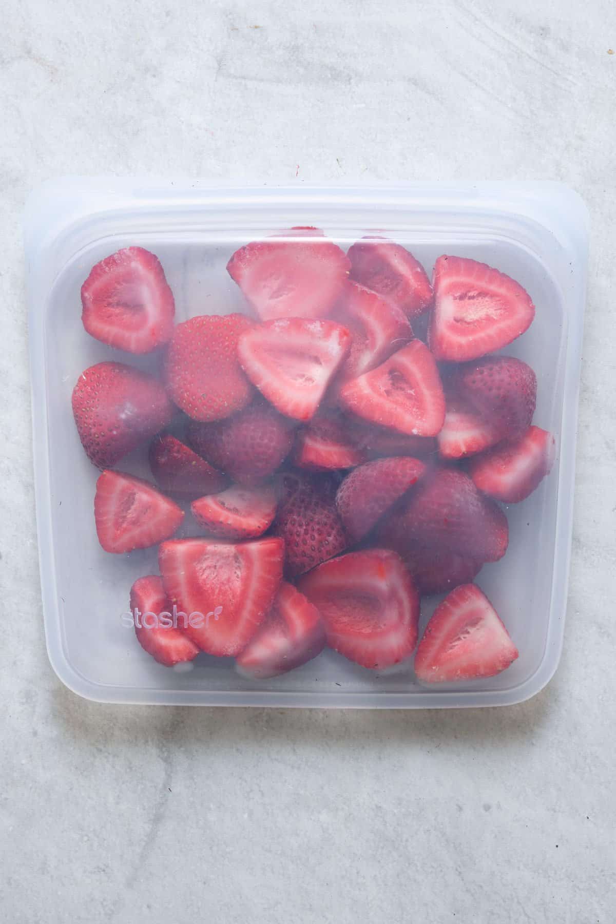 Strawberries in a clear silicone bag.