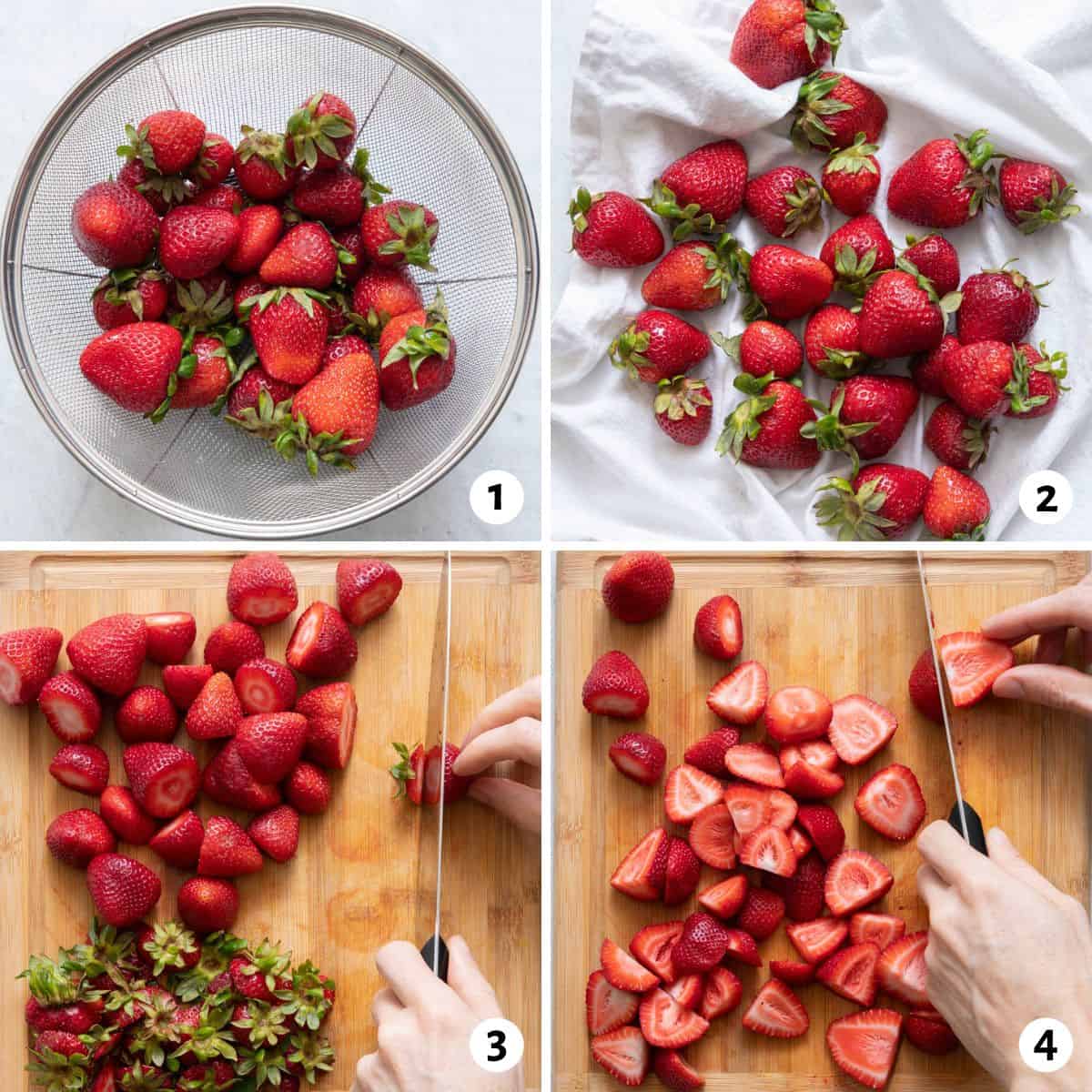 4 image collage preparing strawberries to be frozen by rinsing, drying, cutting off tops and then slicing in half.