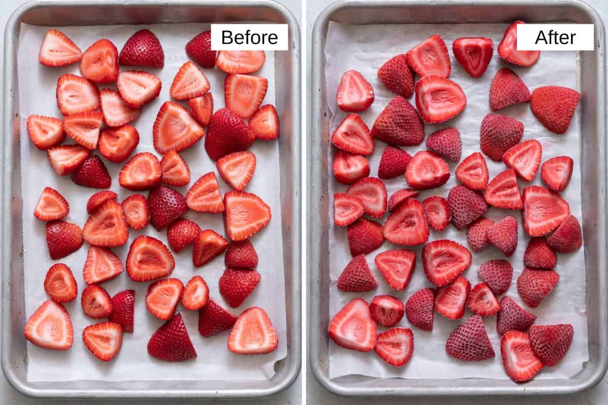 2 image collage showing strawberries on a parchment lined baking pan cut in half before and after being frozen.