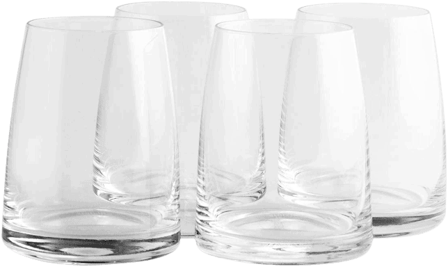 four clear whiskey glasses