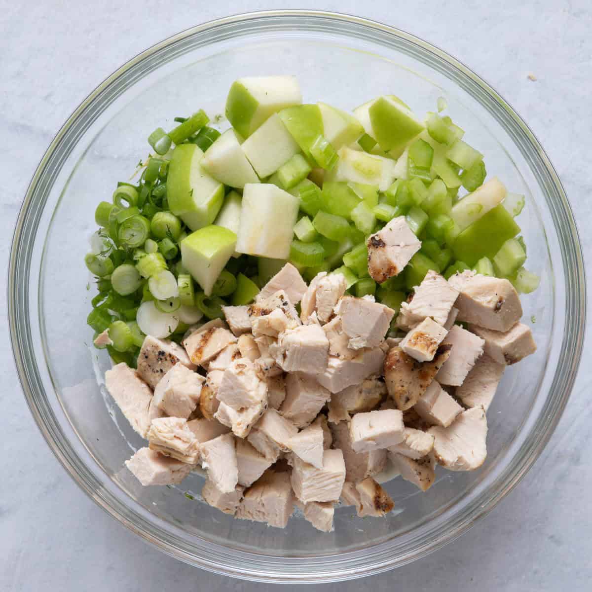 Chicken, apples, celery and green onions added on top of dressing.