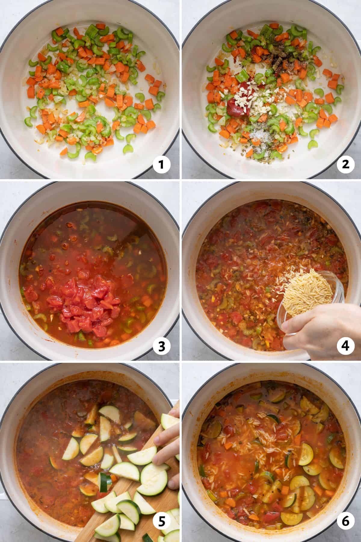 6 image collage making soup in one pot, adding each ingredient into the pot.