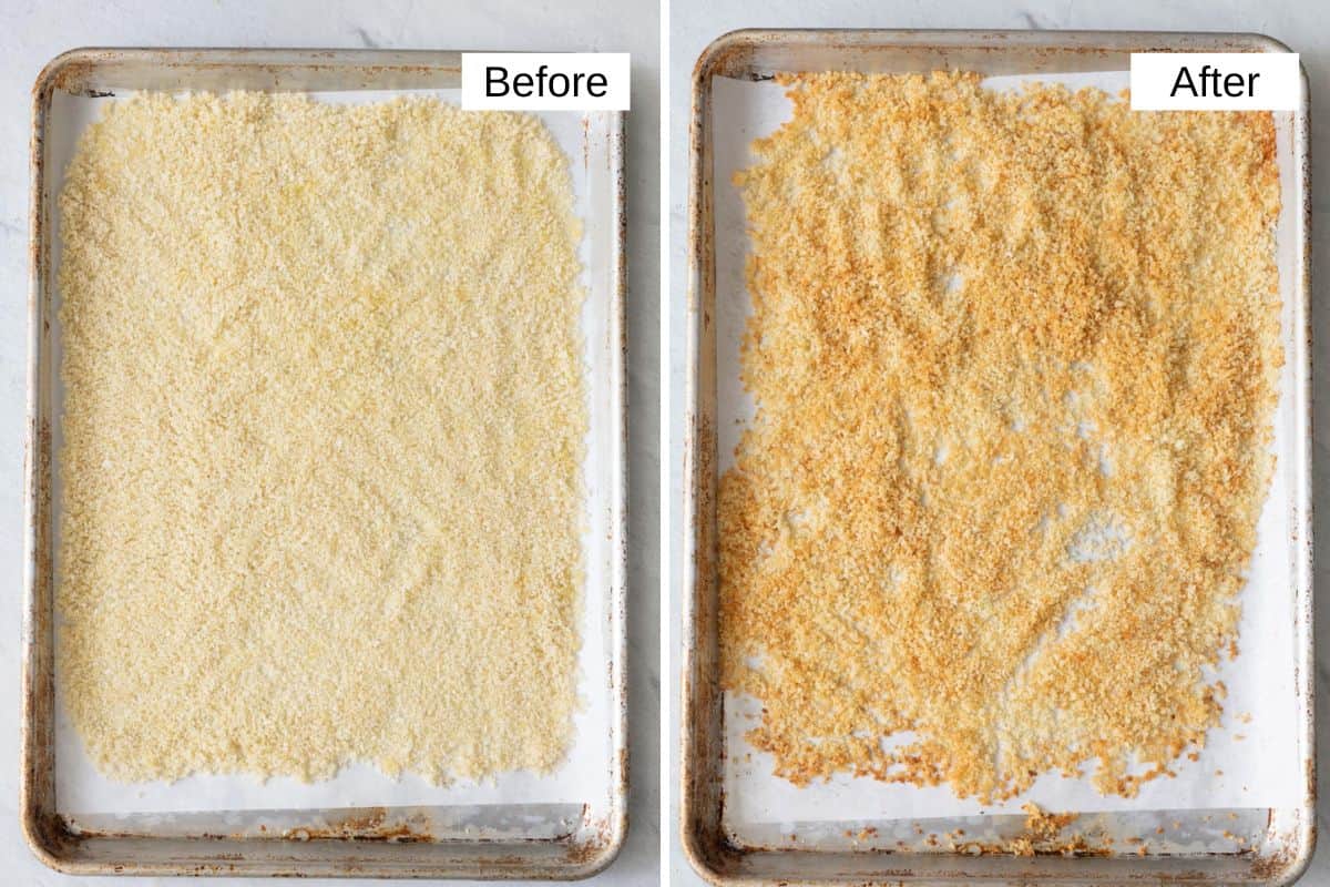 2 image collage of breadcrumbs on a parchment lined baking sheet before and after being toasted in the oven.
