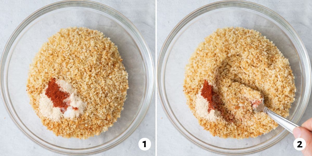 2 image collage of toasted breadcrumbs with seasoning being mixed in with a fork.