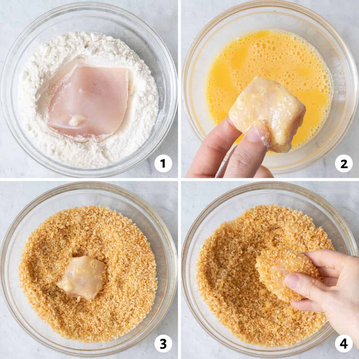 4 image collage dredging chicken in flour, egg, and breadcrumbs.