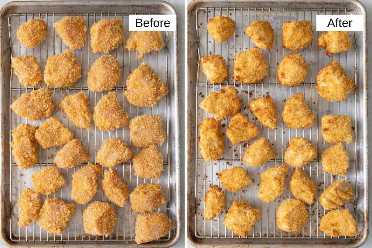 Collage of breaded chicken pieces on a cookie rack and baking sheet before and after being baked.