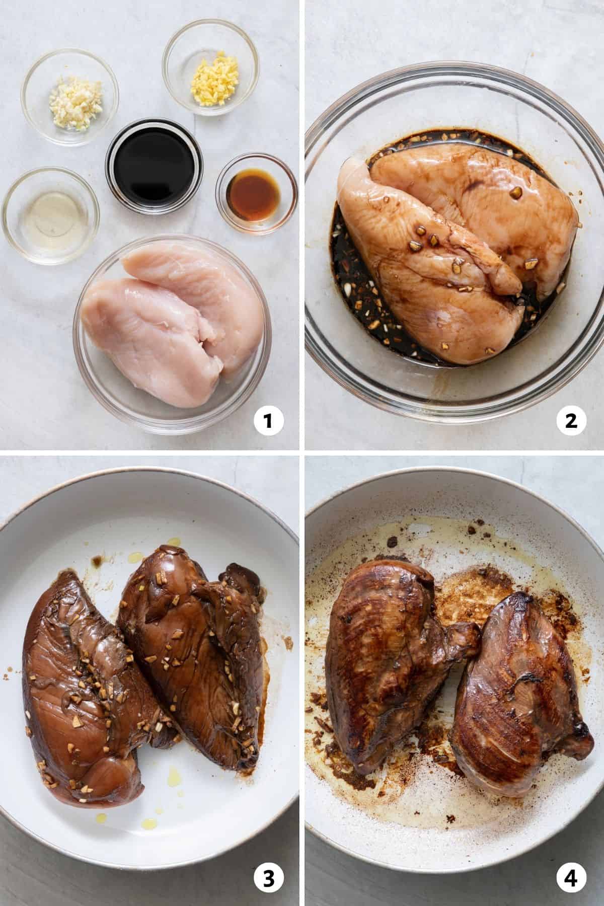 4 image collage showing ingredients for marinade, chicken breasts in bowl covering marinade, and then chicken breast in round baking dish before and after cooked.